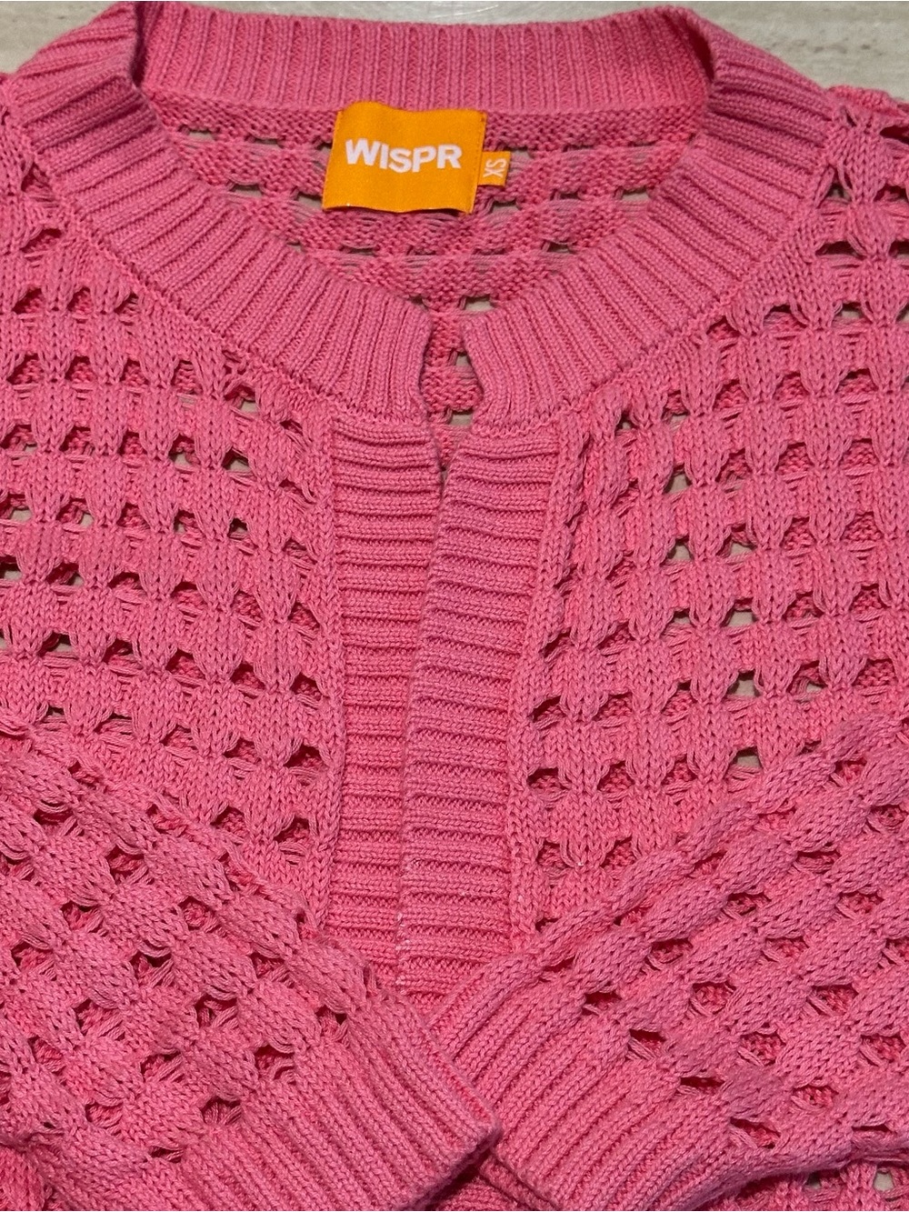 Pink Open-Weave Crewneck Cardigan
